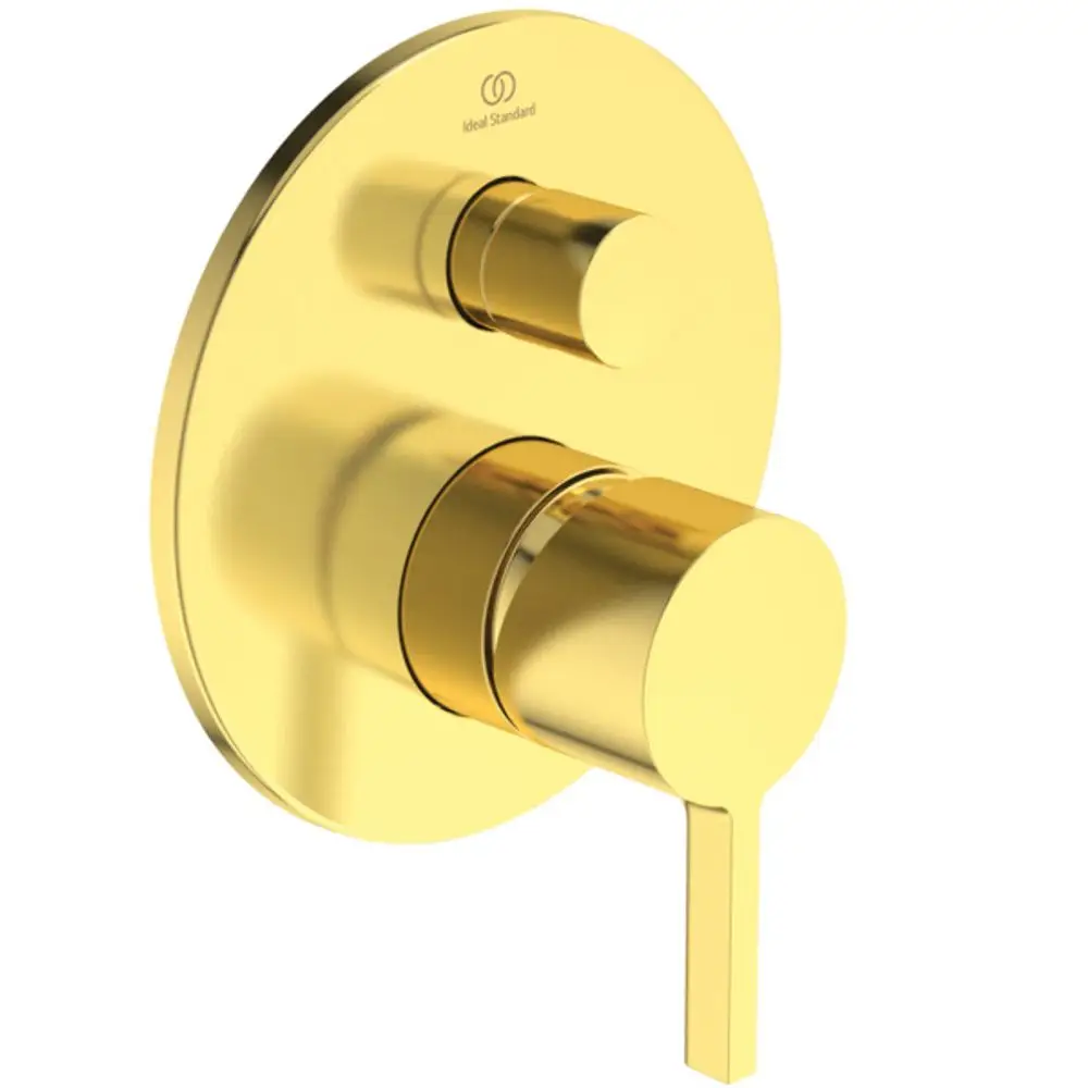 Wandmontierte Armatur in Gold von Ideal Standard mit zwei Drehknöpfen zur Einstellung von Wasserfluss und Temperatur. Minimalistisches Design ohne sichtbare Schlauchanschlüsse.